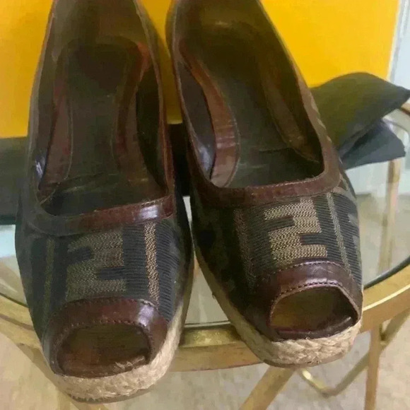 FENDI Brown Monogram ZUCCA RAFFIA ZEPPA WEDGES Open Toe ESPADRILLES Shoes, 36.5 - Picture 2 of 9